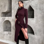 Womens Long - sleeve Sexy High - slit Bodycon Dress - VibraStore
