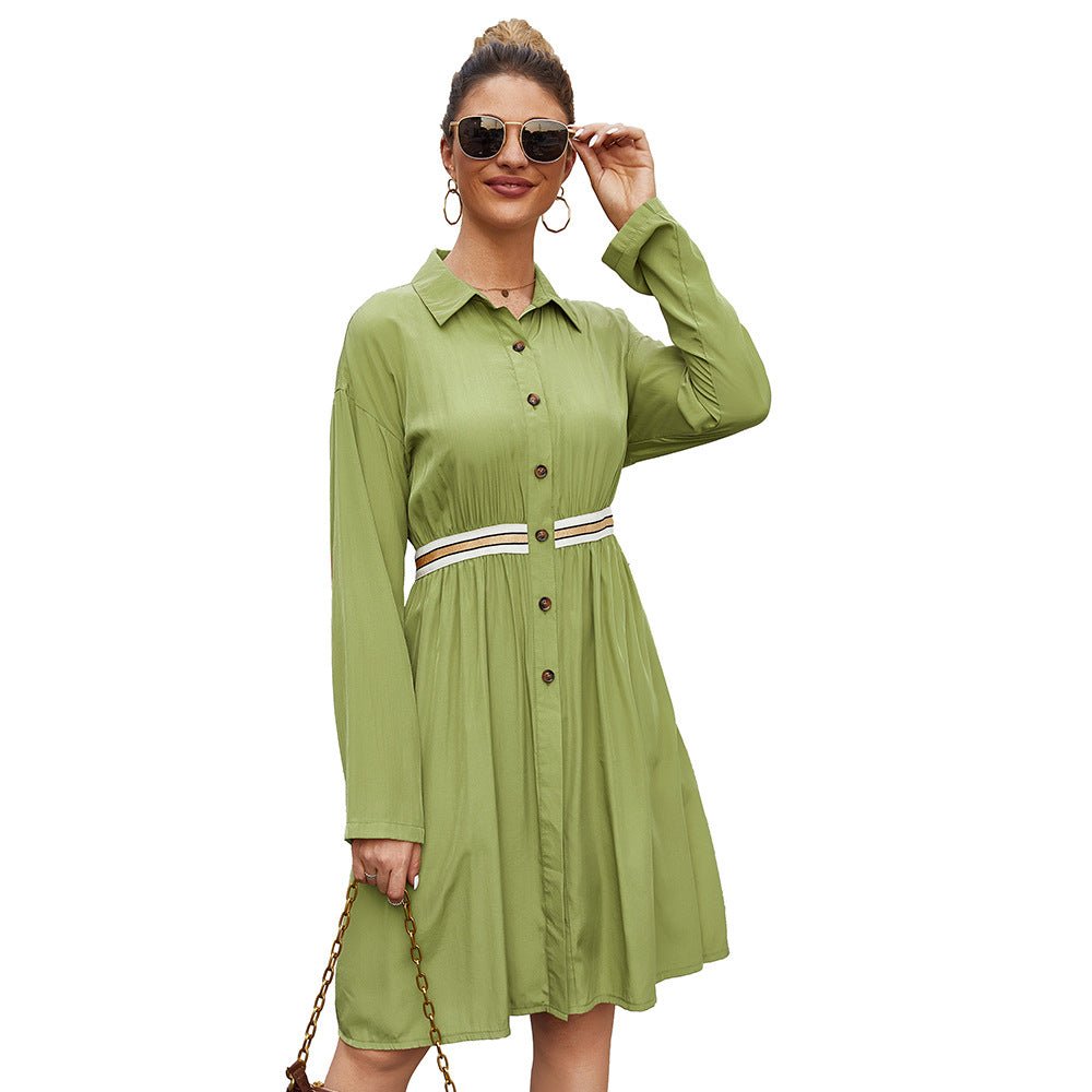 Women's Mid - length Single - breasted Waist - length Shirt Dress - VibraStore