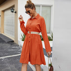 Women's Mid - length Single - breasted Waist - length Shirt Dress - VibraStore