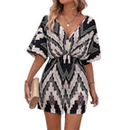 Women's Printed V - neck One - piece Sleeve Loose Jumpsuit - VibraStore