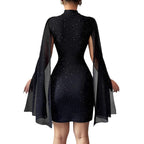 Women's Sexy Elegant Evening Party Dresses Round Neck Pit Stripe Pearl Chiffon Cape Sleeve Wrapped Hip Dress - VibraStore