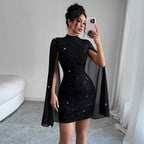 Women's Sexy Elegant Evening Party Dresses Round Neck Pit Stripe Pearl Chiffon Cape Sleeve Wrapped Hip Dress - VibraStore