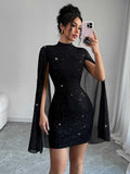 Women's Sexy Elegant Evening Party Dresses Round Neck Pit Stripe Pearl Chiffon Cape Sleeve Wrapped Hip Dress - VibraStore