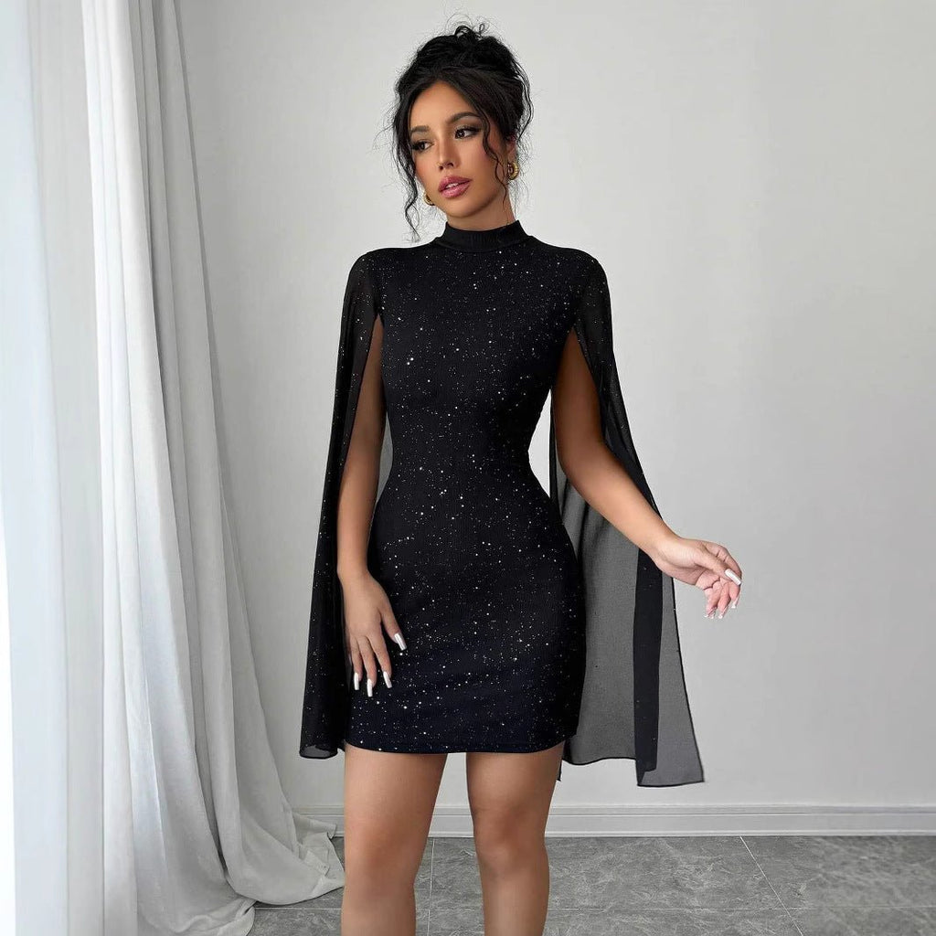 Women's Sexy Elegant Evening Party Dresses Round Neck Pit Stripe Pearl Chiffon Cape Sleeve Wrapped Hip Dress - VibraStore