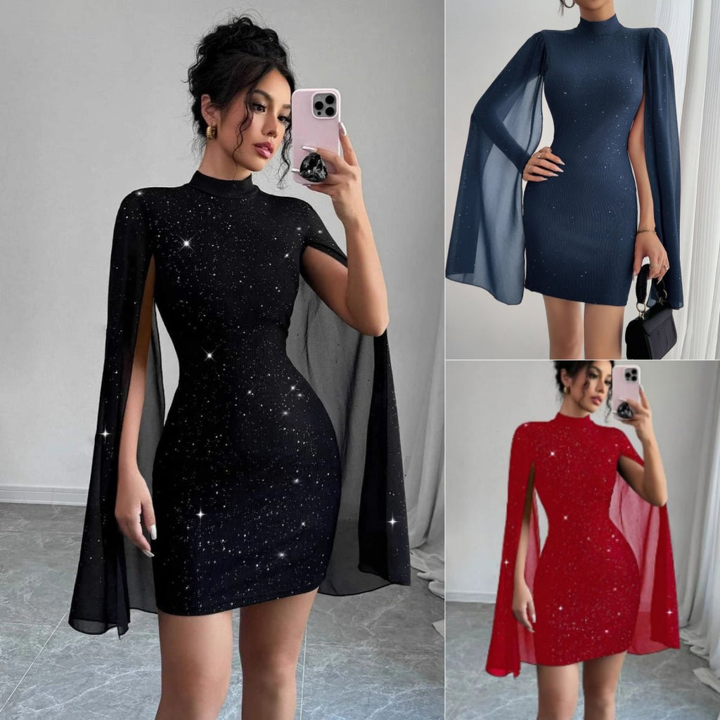 Women's Sexy Elegant Evening Party Dresses Round Neck Pit Stripe Pearl Chiffon Cape Sleeve Wrapped Hip Dress - VibraStore