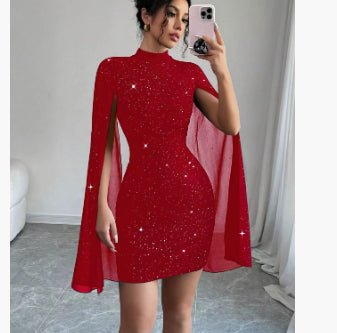 Women's Sexy Elegant Evening Party Dresses Round Neck Pit Stripe Pearl Chiffon Cape Sleeve Wrapped Hip Dress - VibraStore