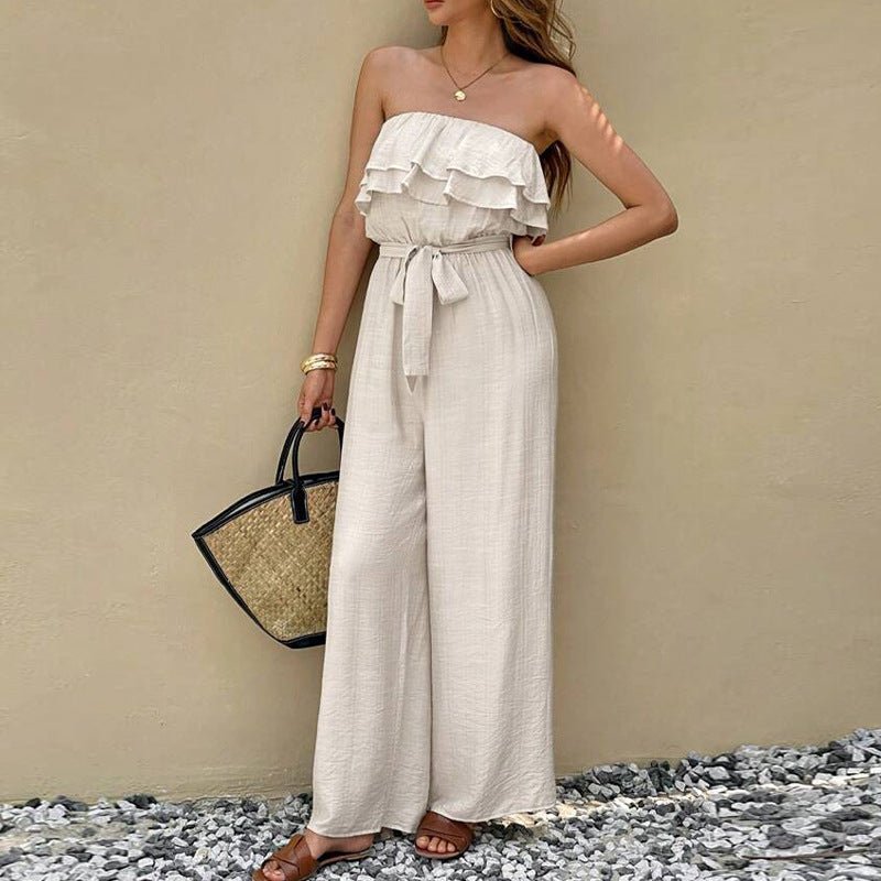 Women's Summer Sleeveless Tube Top Jumpsuit Ruffled Tied Jumpsuit - VibraStore