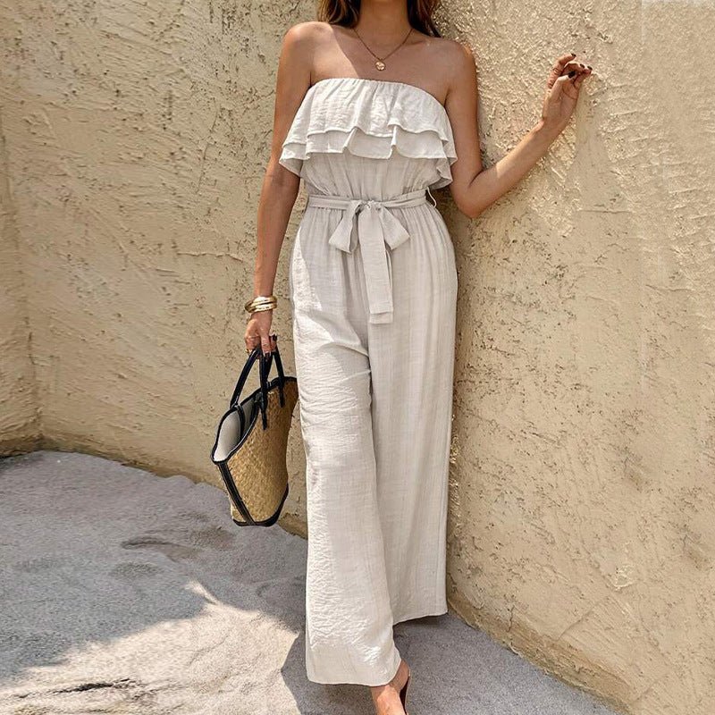 Women's Summer Sleeveless Tube Top Jumpsuit Ruffled Tied Jumpsuit - VibraStore