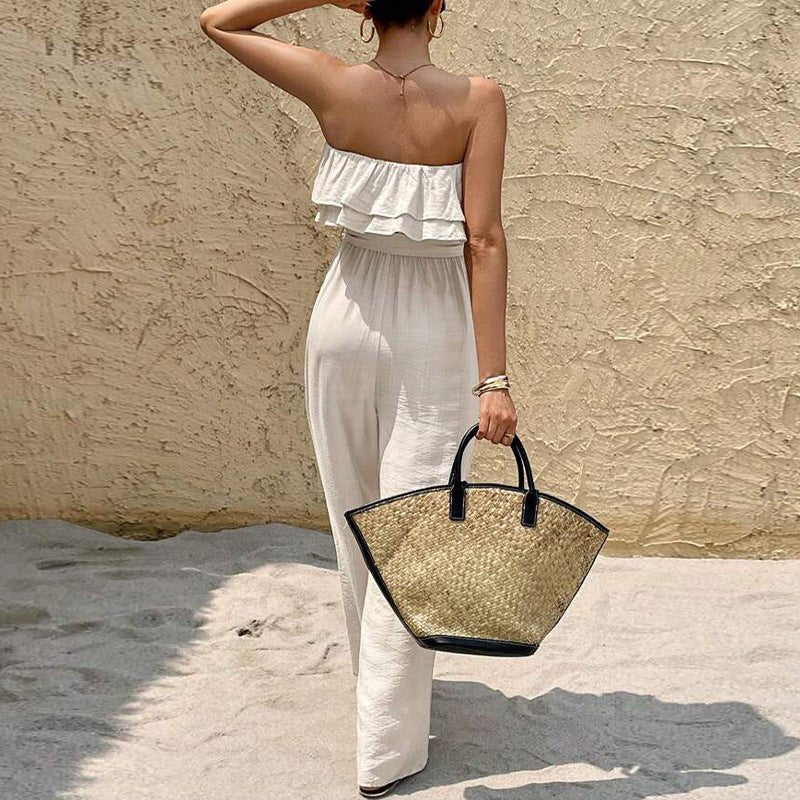 Women's Summer Sleeveless Tube Top Jumpsuit Ruffled Tied Jumpsuit - VibraStore